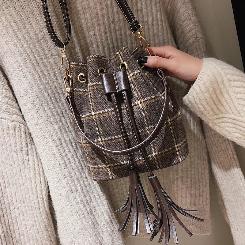 Women Wool Plaid Handbags Khaki Bucket Bag Vintage Shoulder Bags