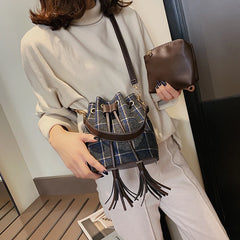 Women Wool Plaid Handbags Khaki Bucket Bag Vintage Shoulder Bags