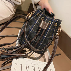 Women Wool Plaid Handbags Khaki Bucket Bag Vintage Shoulder Bags