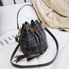 Women Wool Plaid Handbags Khaki Bucket Bag Vintage Shoulder Bags