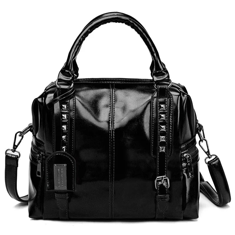 Oil Wax Leather Rivet Boston Bag Crossbody Tote Handbag