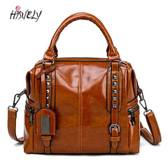 Oil Wax Leather Rivet Boston Bag Crossbody Tote Handbag