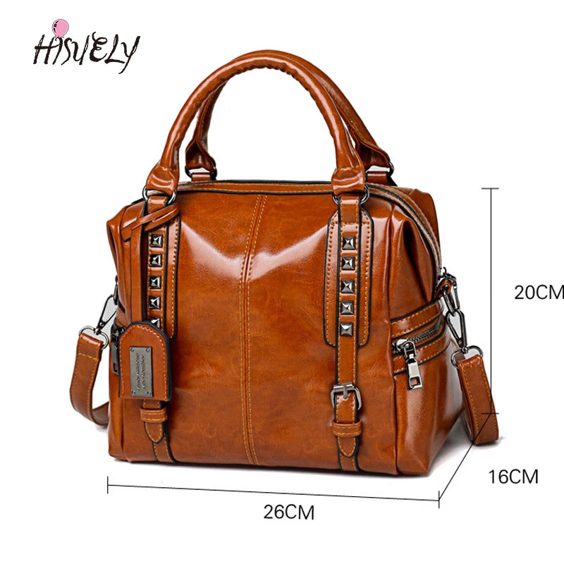 Oil Wax Leather Rivet Boston Bag Crossbody Tote Handbag