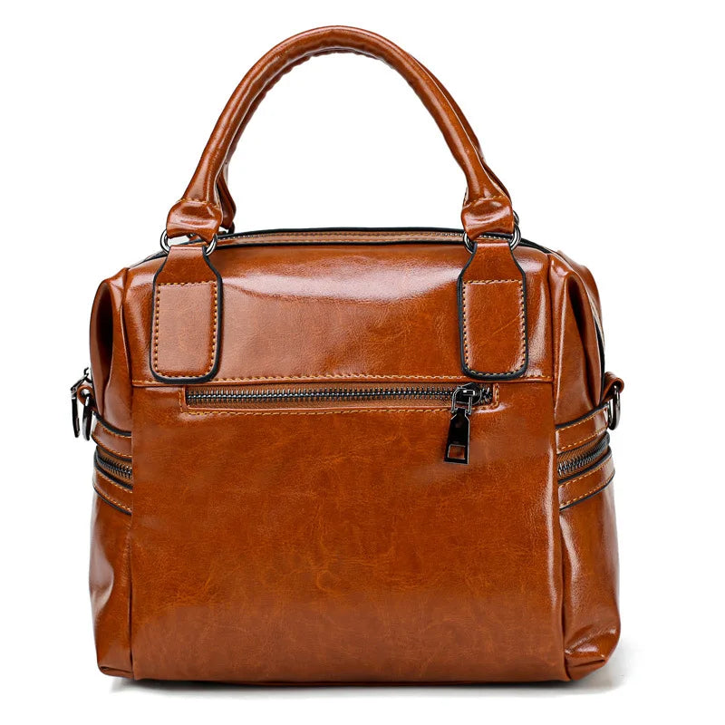 Oil Wax Leather Rivet Boston Bag Crossbody Tote Handbag