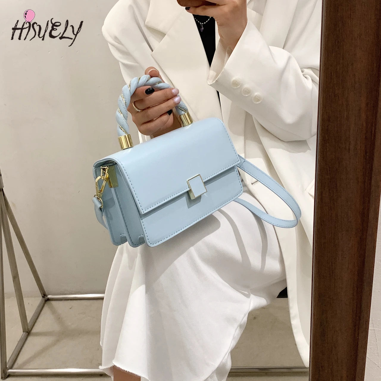 Navy PU Leather Crossbody Bag with Rope Handle for Women