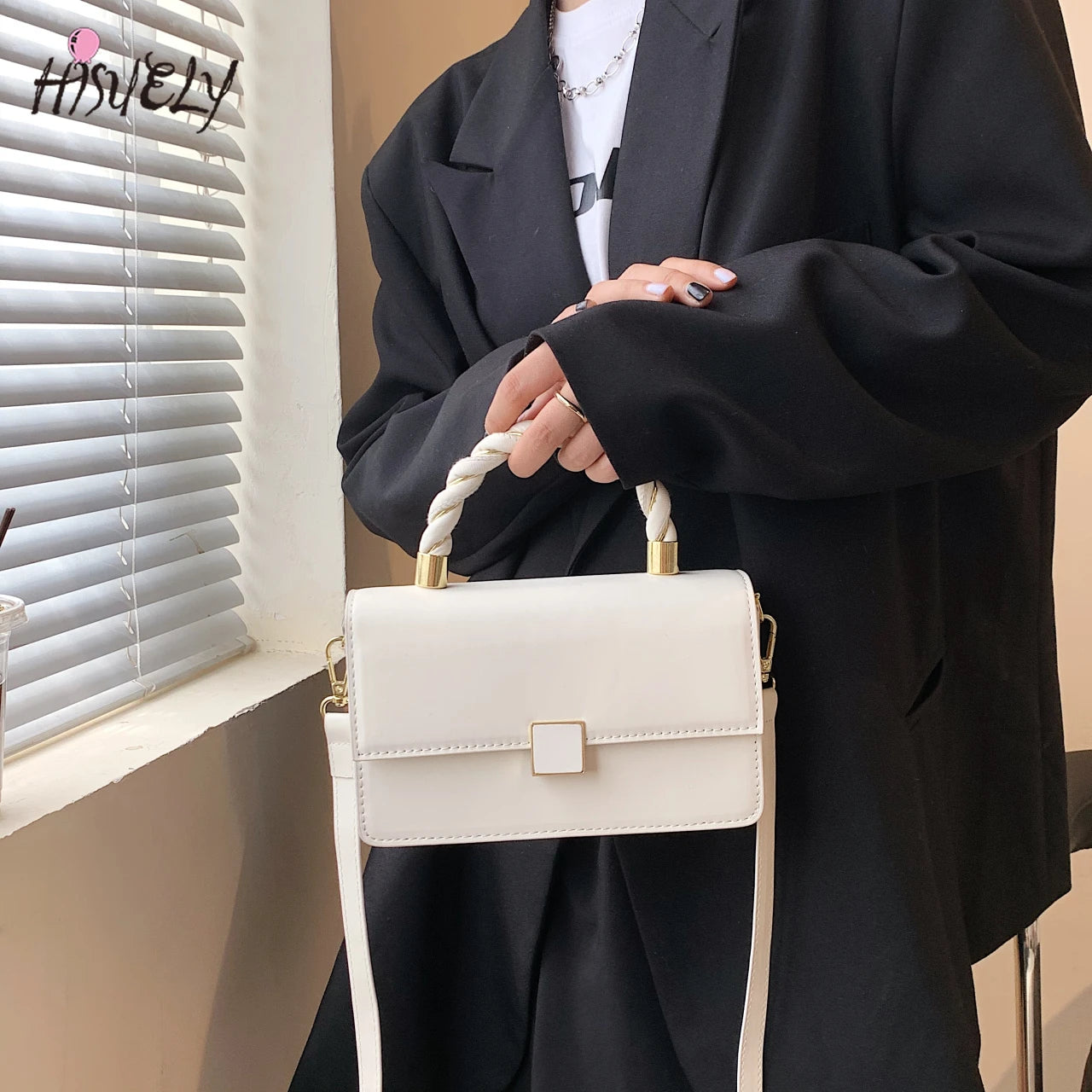 Navy PU Leather Crossbody Bag with Rope Handle for Women