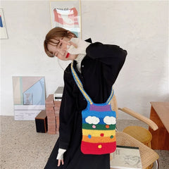 Rainbow Shoulder Bag Knitting Tote for Girls Cotton Cloth Women Handbag
