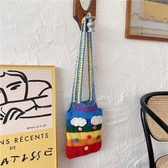 Rainbow Shoulder Bag Knitting Tote for Girls Cotton Cloth Women Handbag