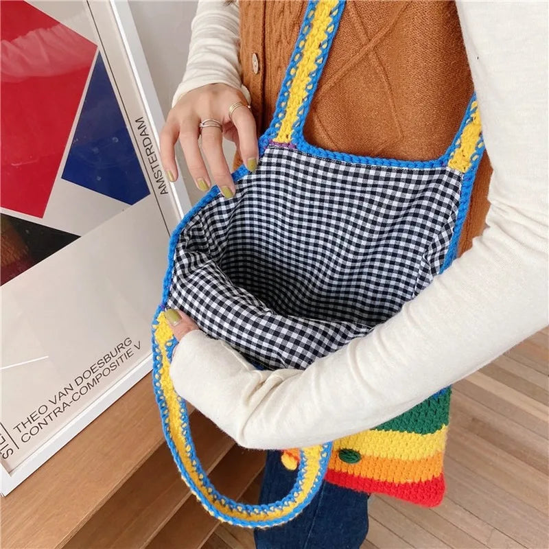 Rainbow Shoulder Bag Knitting Tote for Girls Cotton Cloth Women Handbag