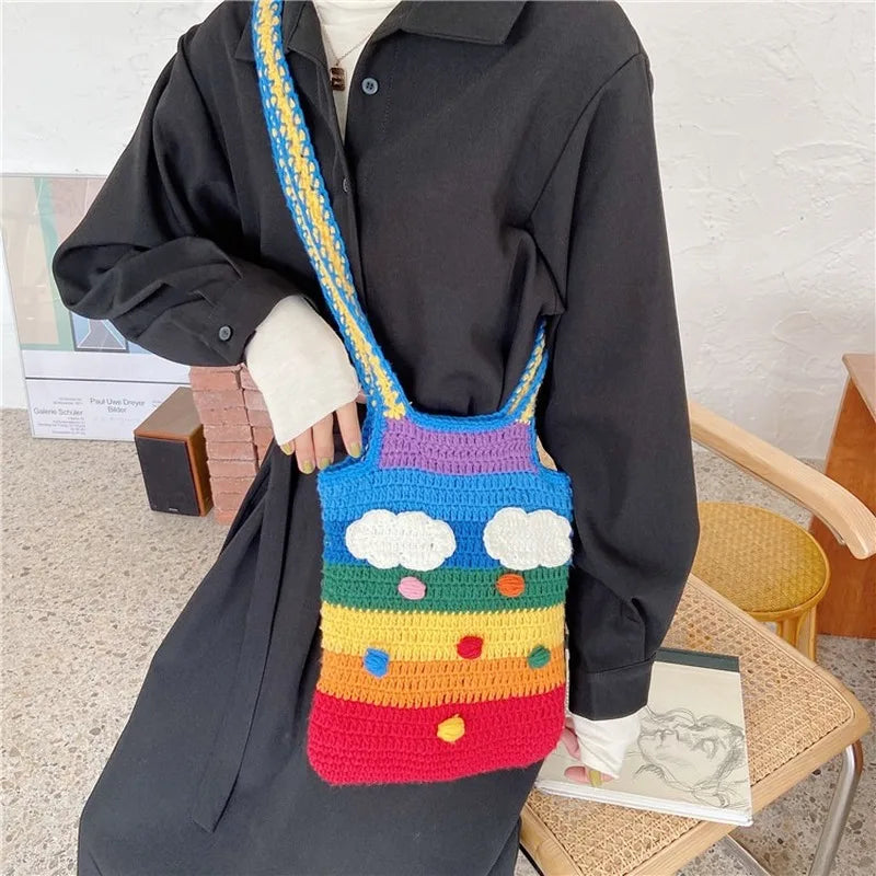 Rainbow Shoulder Bag Knitting Tote for Girls Cotton Cloth Women Handbag