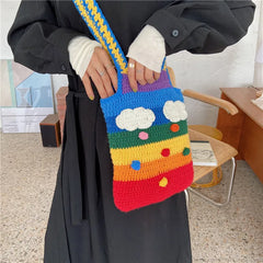 Rainbow Shoulder Bag Knitting Tote for Girls Cotton Cloth Women Handbag