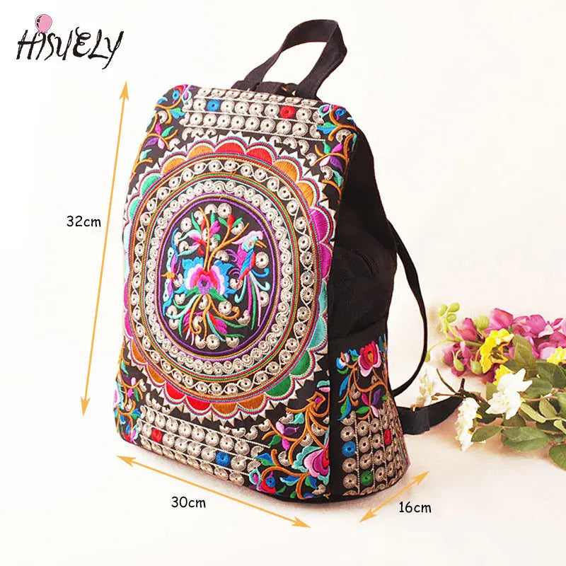 Vintage Floral Embroidered Canvas Backpack Denim Rucksack Schoolbag