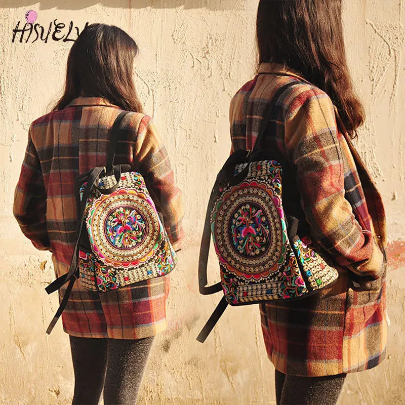 Vintage Floral Embroidered Canvas Backpack Denim Rucksack Schoolbag