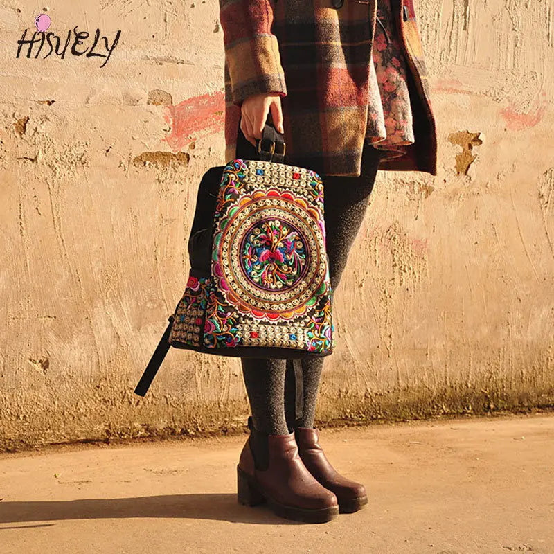Vintage Floral Embroidered Canvas Backpack Denim Rucksack Schoolbag