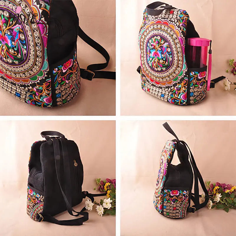 Vintage Floral Embroidered Canvas Backpack Denim Rucksack Schoolbag