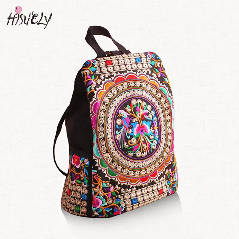 Vintage Floral Embroidered Canvas Backpack Denim Rucksack Schoolbag