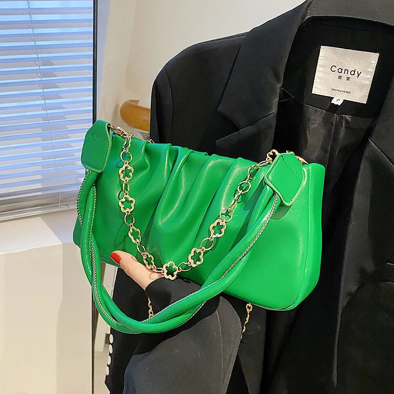 Solid Pleated Underarm Bag Women Shoulder Handbag