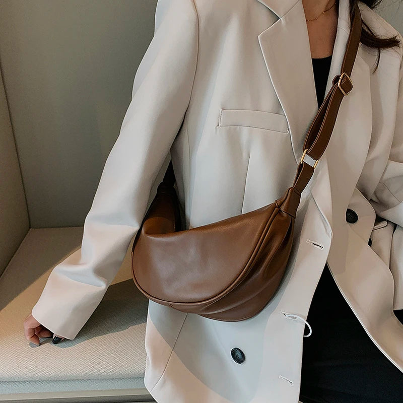 Half Moon Small PU Leather Zip Crossbody Bag for Women