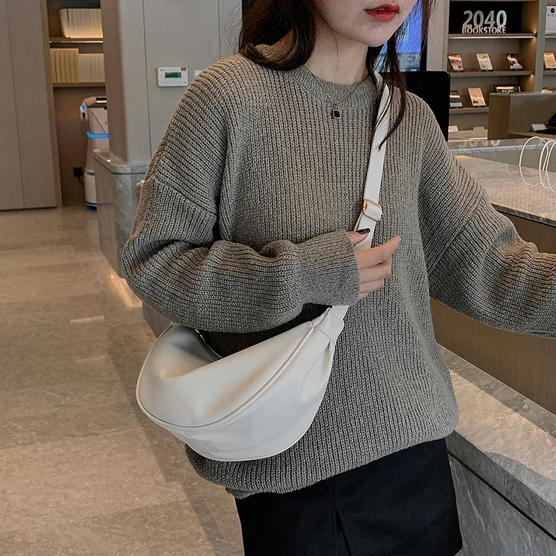 Half Moon Small PU Leather Zip Crossbody Bag for Women
