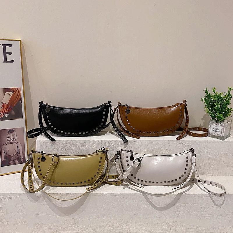 Women's Leather One Shoulder Bag Rivet Handbag Ladies Crossbody Bag