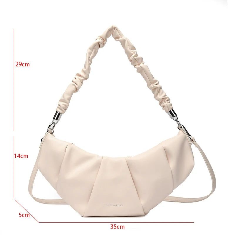 Pleated Tote Bag Soft Leather Women Handbag Travel Shoulder Crossbody