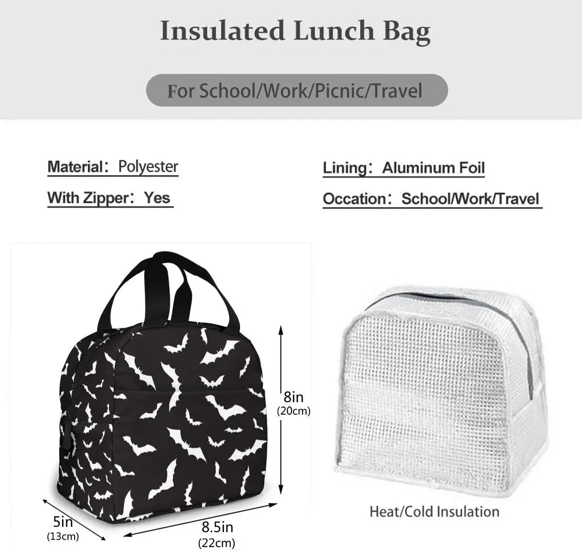 Halloween Bat Lunch Bag Insulated Cooler Tote for Work Travel