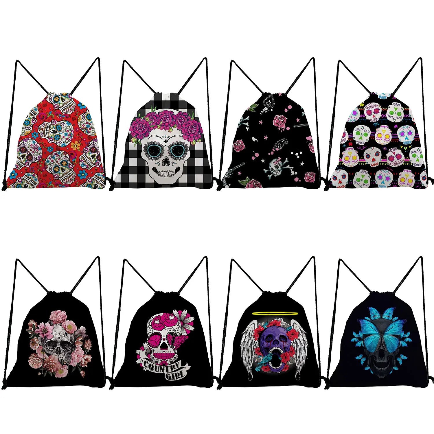 Floral Skull Print Drawstring Backpack for Students