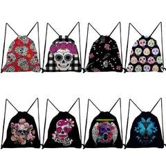 Floral Skull Print Drawstring Backpack for Students