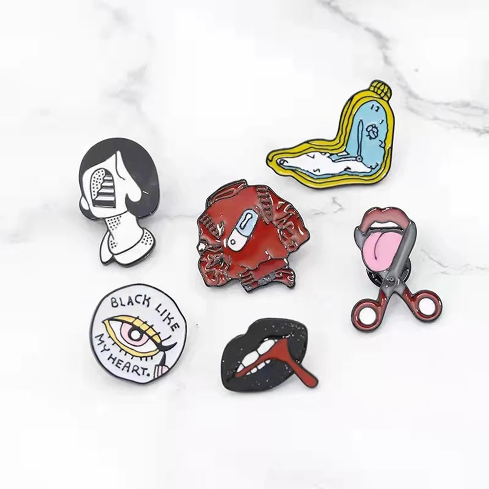 Halloween Enamel Pins Eye Pocket Watch Tongue Lip Coat Face Brooches