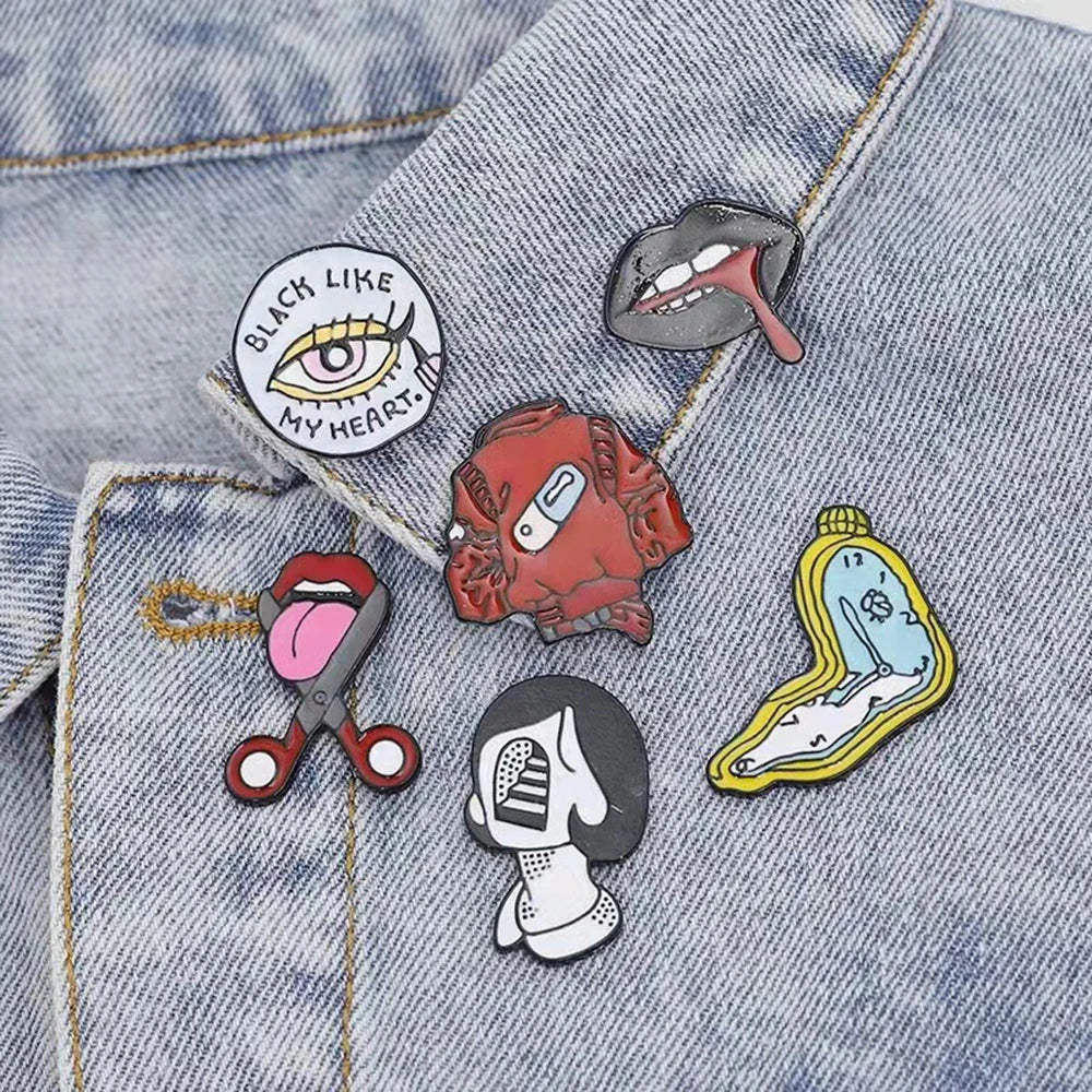 Halloween Enamel Pins Eye Pocket Watch Tongue Lip Coat Face Brooches