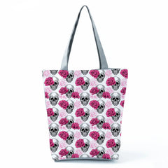 Halloween Floral Skull Print Handbags Eco Reusable Shopping Bags