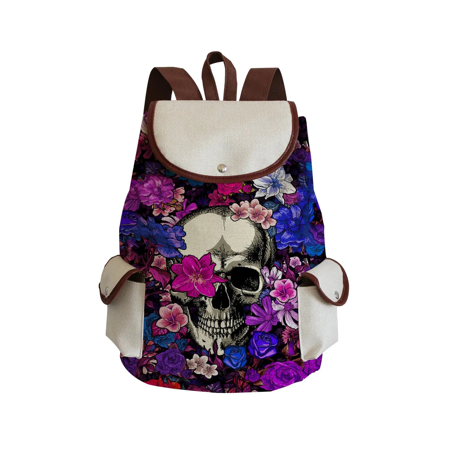 Floral Skull Print Drawstring Backpack College School Bag
