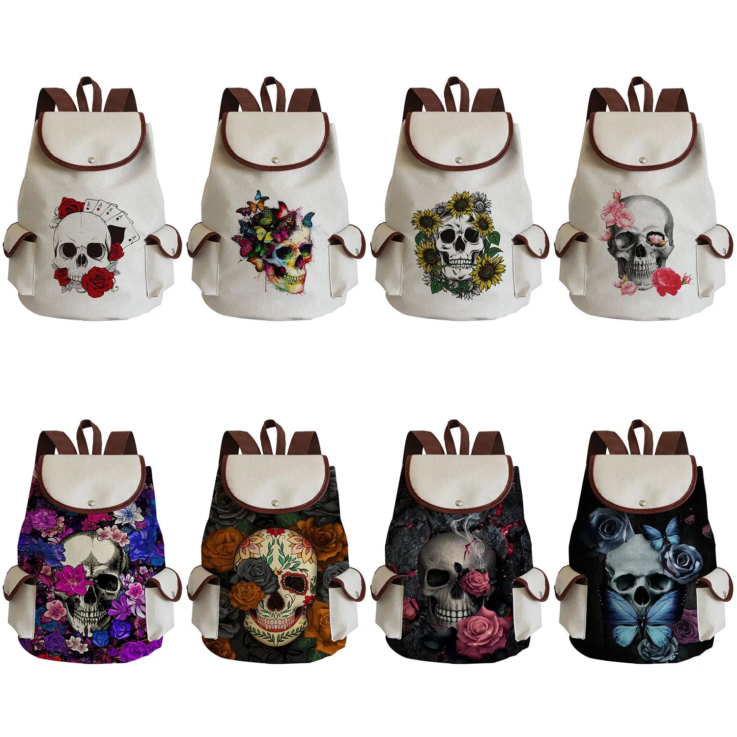 Floral Skull Print Drawstring Backpack College School Bag