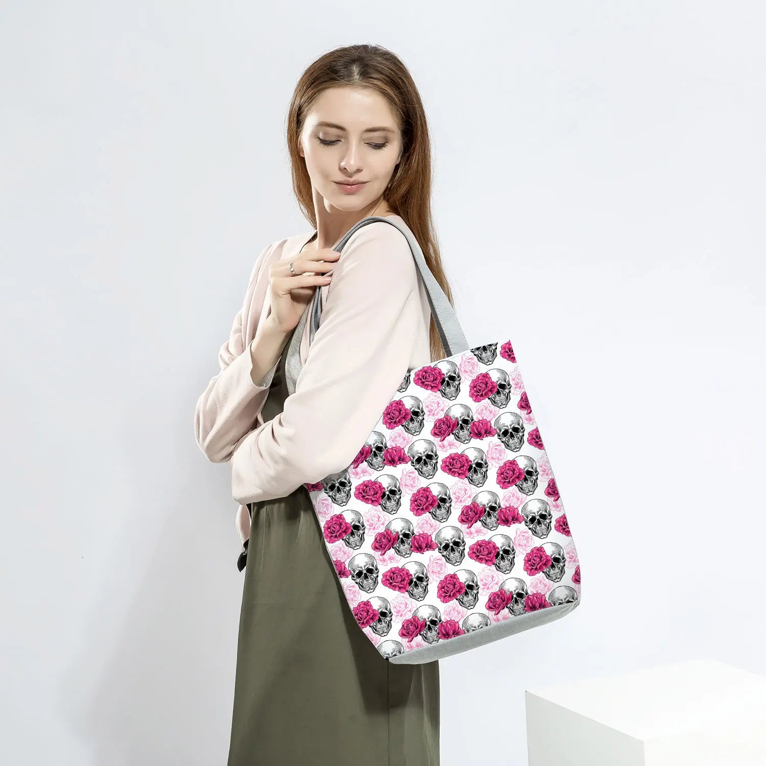 Halloween Gift Skull Floral Print Handbags Eco Reusable Shopping Bags