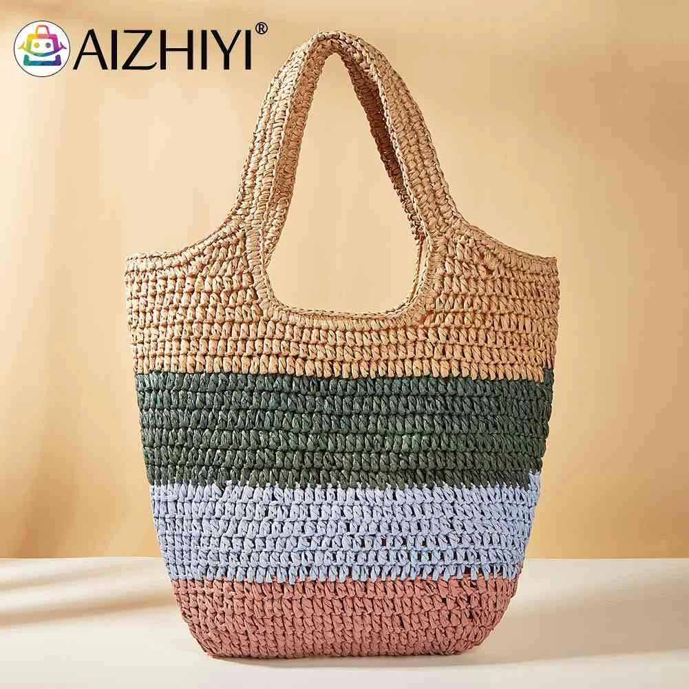 Hand-Woven Beach Vacation Bags Casual Large Capacity Striped Contrast
