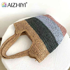 Hand-Woven Beach Vacation Bags Casual Large Capacity Striped Contrast