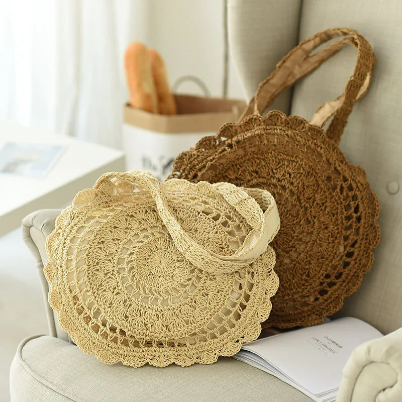 Hand-Woven Straw Bag Women Circle Shape Rattan Bag Big Capacity