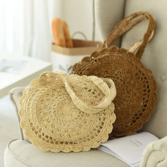 Hand-Woven Straw Bag Women Circle Shape Rattan Bag Big Capacity