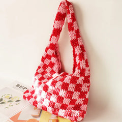 Plush Plaid Shoulder Bag Women Hand-woven Beach Handbag