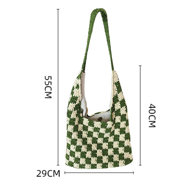 Plush Plaid Shoulder Bag Women Hand-woven Beach Handbag