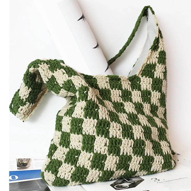 Plush Plaid Shoulder Bag Women Hand-woven Beach Handbag