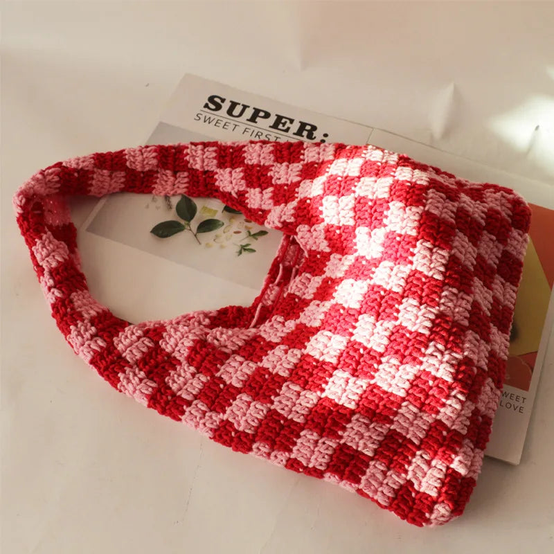 Plush Plaid Shoulder Bag Women Hand-woven Beach Handbag