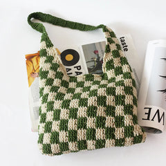 Plush Plaid Shoulder Bag Women Hand-woven Beach Handbag