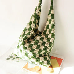Plush Plaid Shoulder Bag Women Hand-woven Beach Handbag