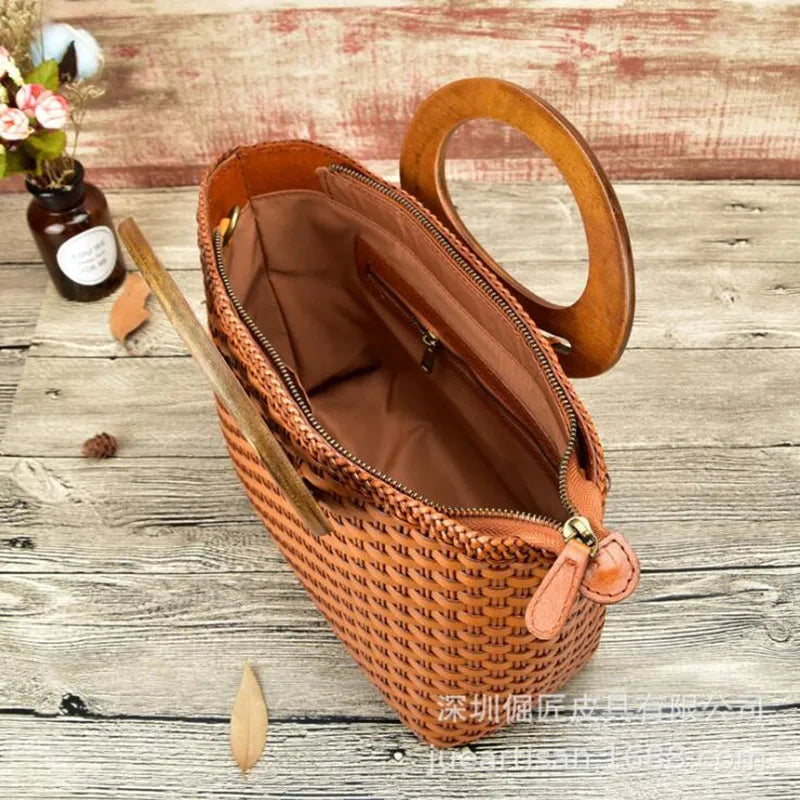 Hand-woven Leather Shoulder Bag Vintage Shopping Bag Crossed Tote Bags