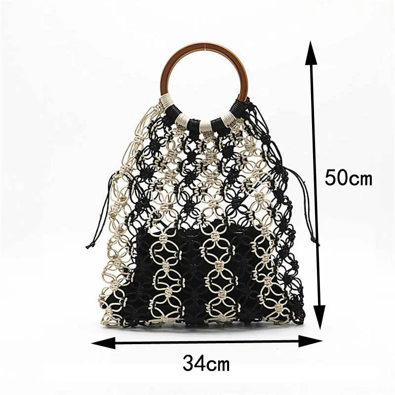 Handwoven Straw Beach Bag with Hollow Wood Handle