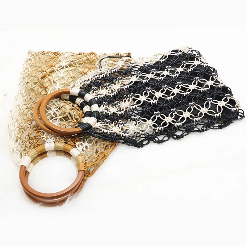 Handwoven Straw Beach Bag with Hollow Wood Handle