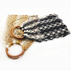 Handwoven Straw Beach Bag with Hollow Wood Handle