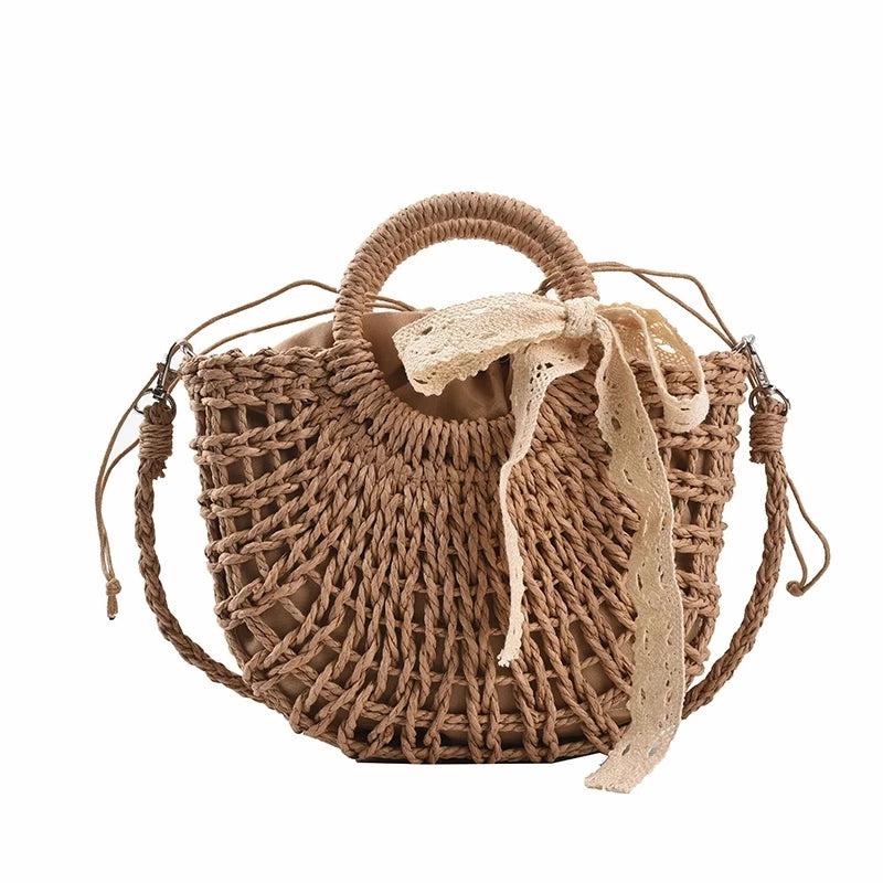 Boho Straw Beach Tote Hand-Woven Shoulder Bag