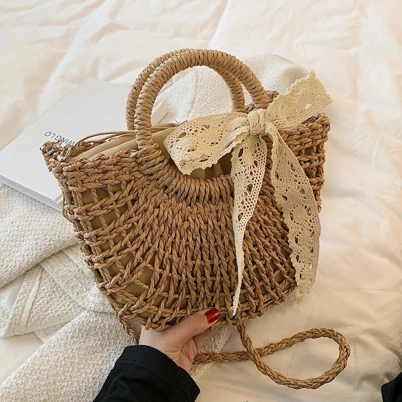 Boho Straw Beach Tote Hand-Woven Shoulder Bag